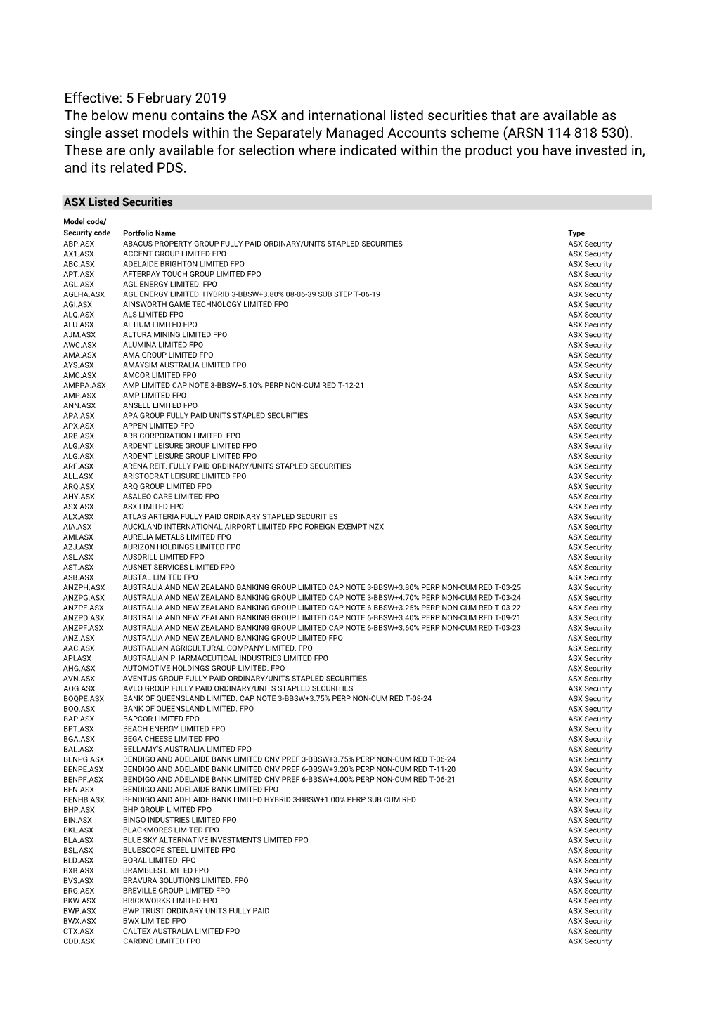 Effective: 5 February 2019 the Below Menu Contains the ASX And