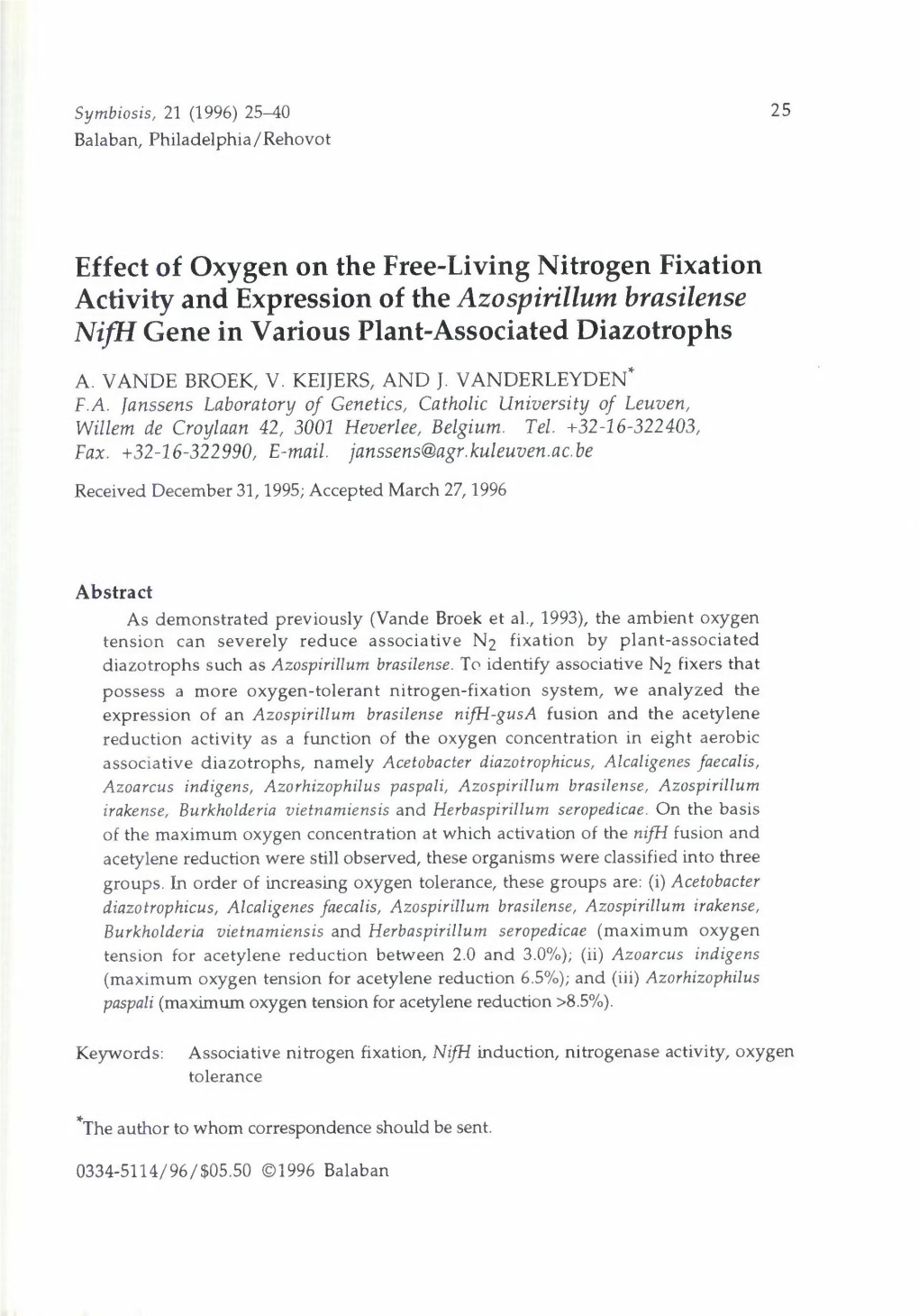 Effect of Oxygen on the Free-Living Nitrogen Fixation Activity and Expression of the Azospirillum Brasilense Nifh Gene in Various Plant-Associated Diazotrophs