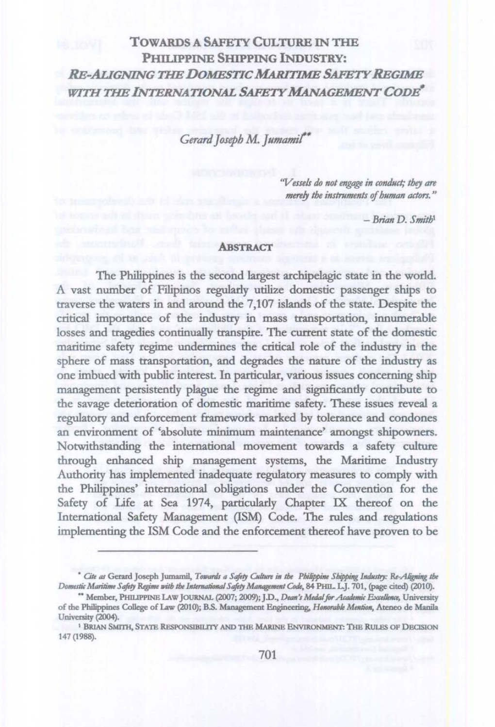 Towards a Safety Culture in the Philippine Shipping Industry: Re-Aligning the Domestic Maritime Safety Regime with the International Safety Management Code