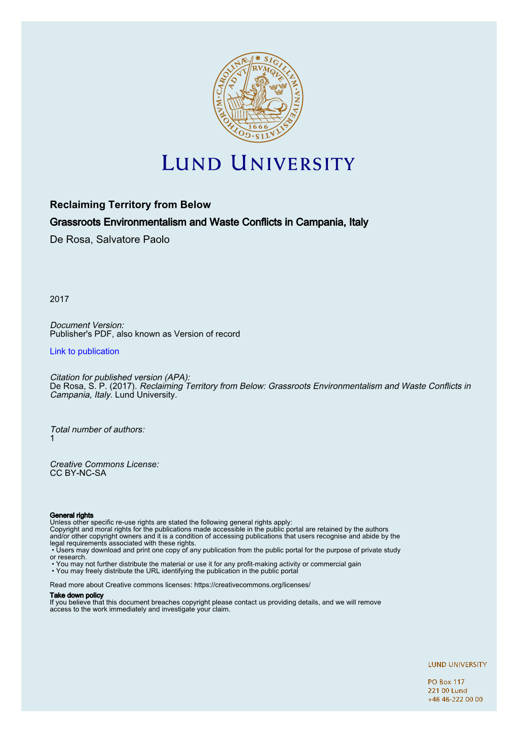 Reclaiming Territory from Below Grassroots Environmentalism and Waste Conflicts in Campania, Italy De Rosa, Salvatore Paolo