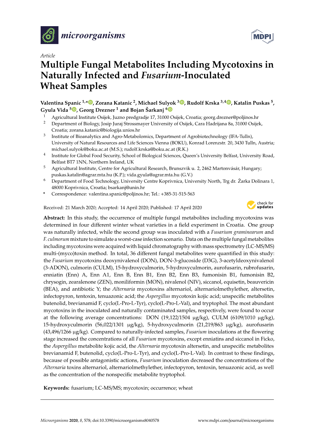 Multiple Fungal Metabolites Including Mycotoxins in Naturally Infected and Fusarium-Inoculated Wheat Samples