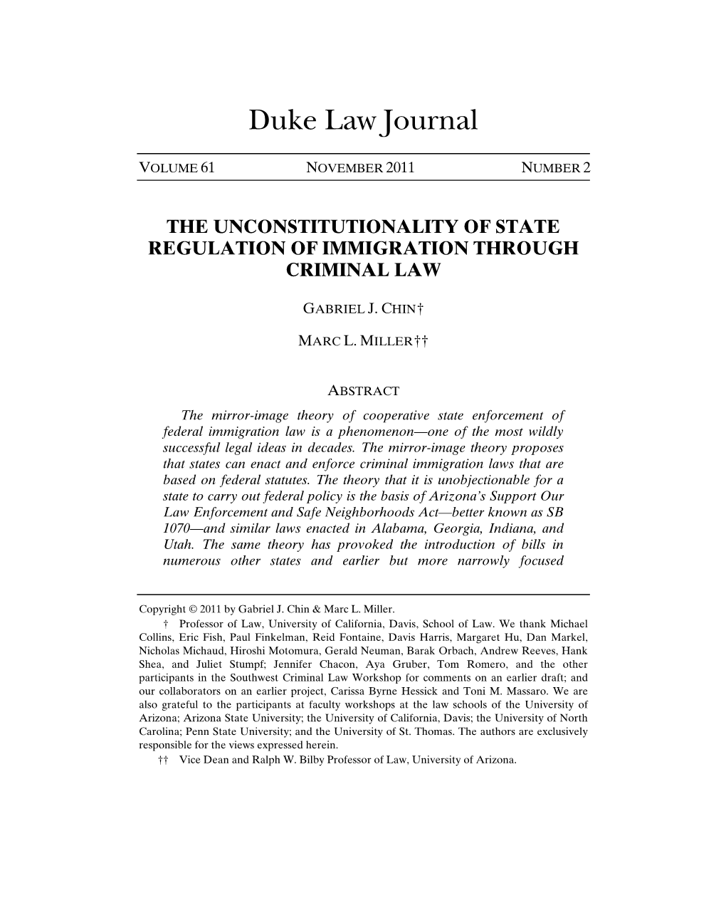 The Unconstitutionality of State Regulation of Immigration Through Criminal Law