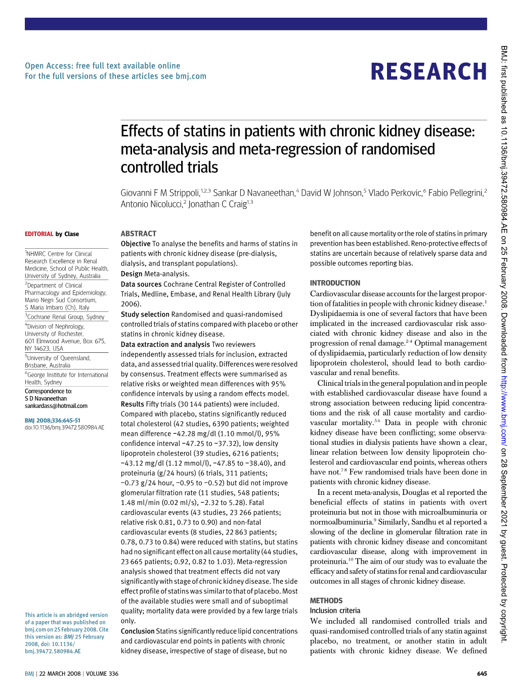 Effects of Statins in Patients with Chronic Kidney Disease: Meta-Analysis and Meta-Regression of Randomised Controlled Trials