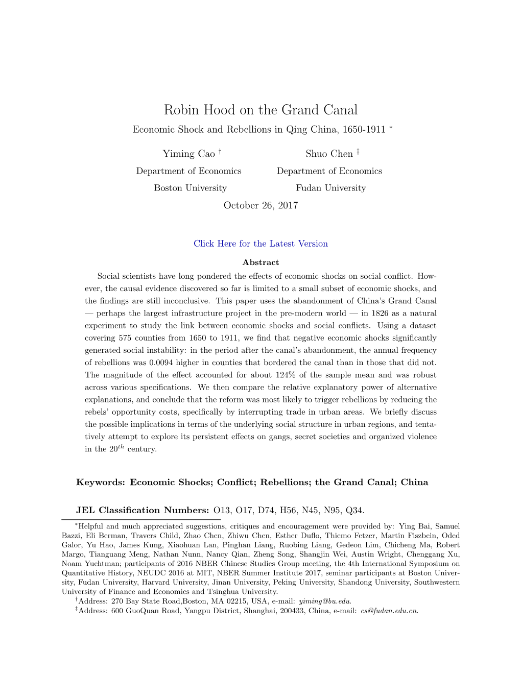 Robin Hood on the Grand Canal Economic Shock and Rebellions in Qing China, 1650-1911 ∗