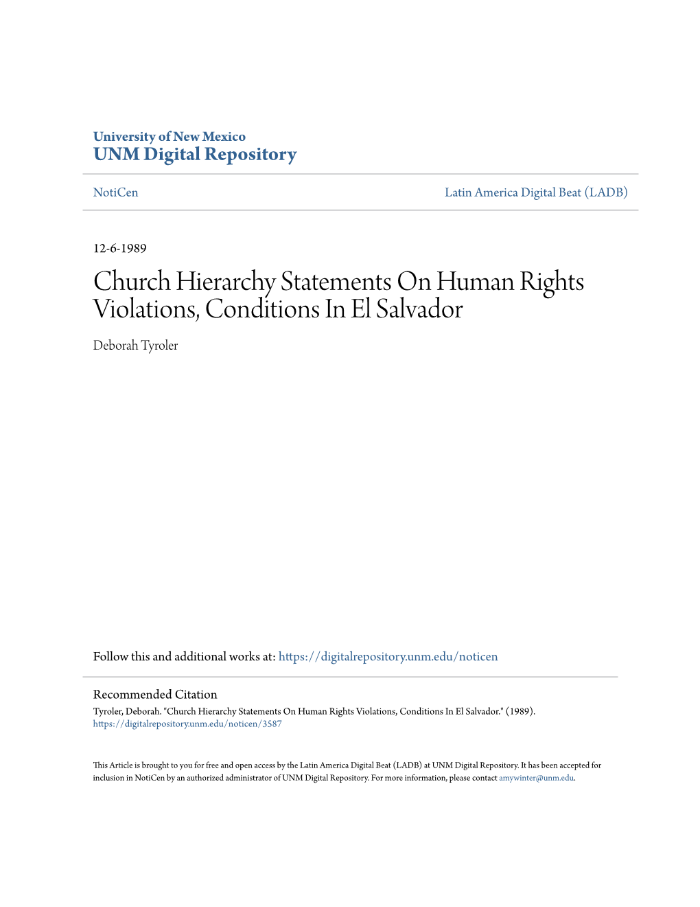 Church Hierarchy Statements on Human Rights Violations, Conditions in El Salvador Deborah Tyroler
