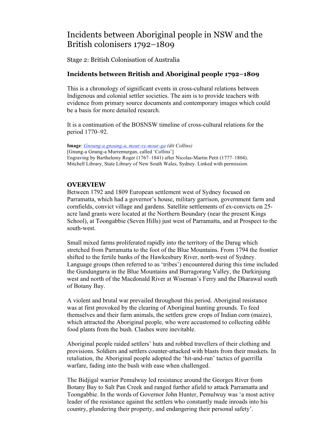 Incidents Between Aboriginal People in NSW and the British Colonisers 1792–1809