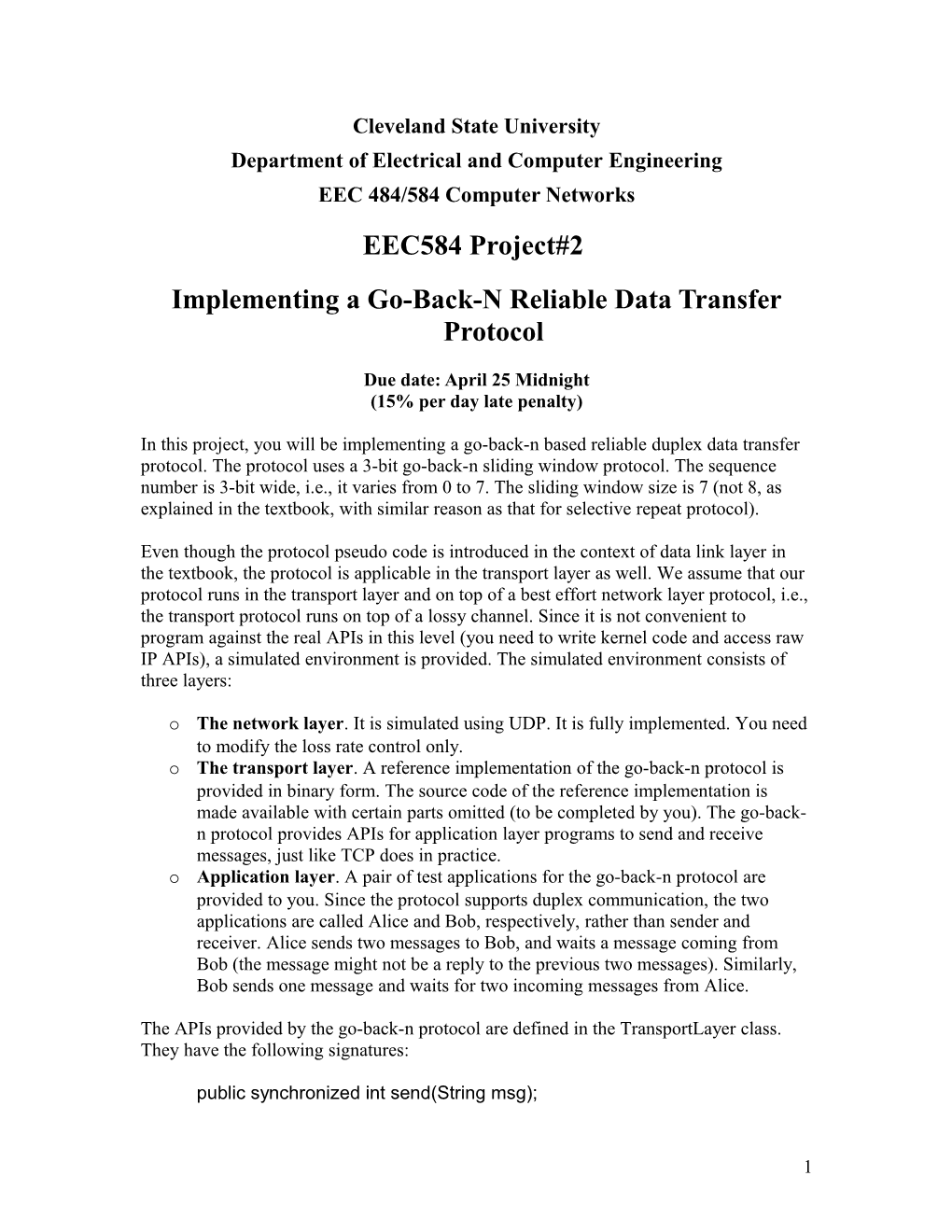 EEC484/584 Project#2 Go-Back-N Protocol Implementation