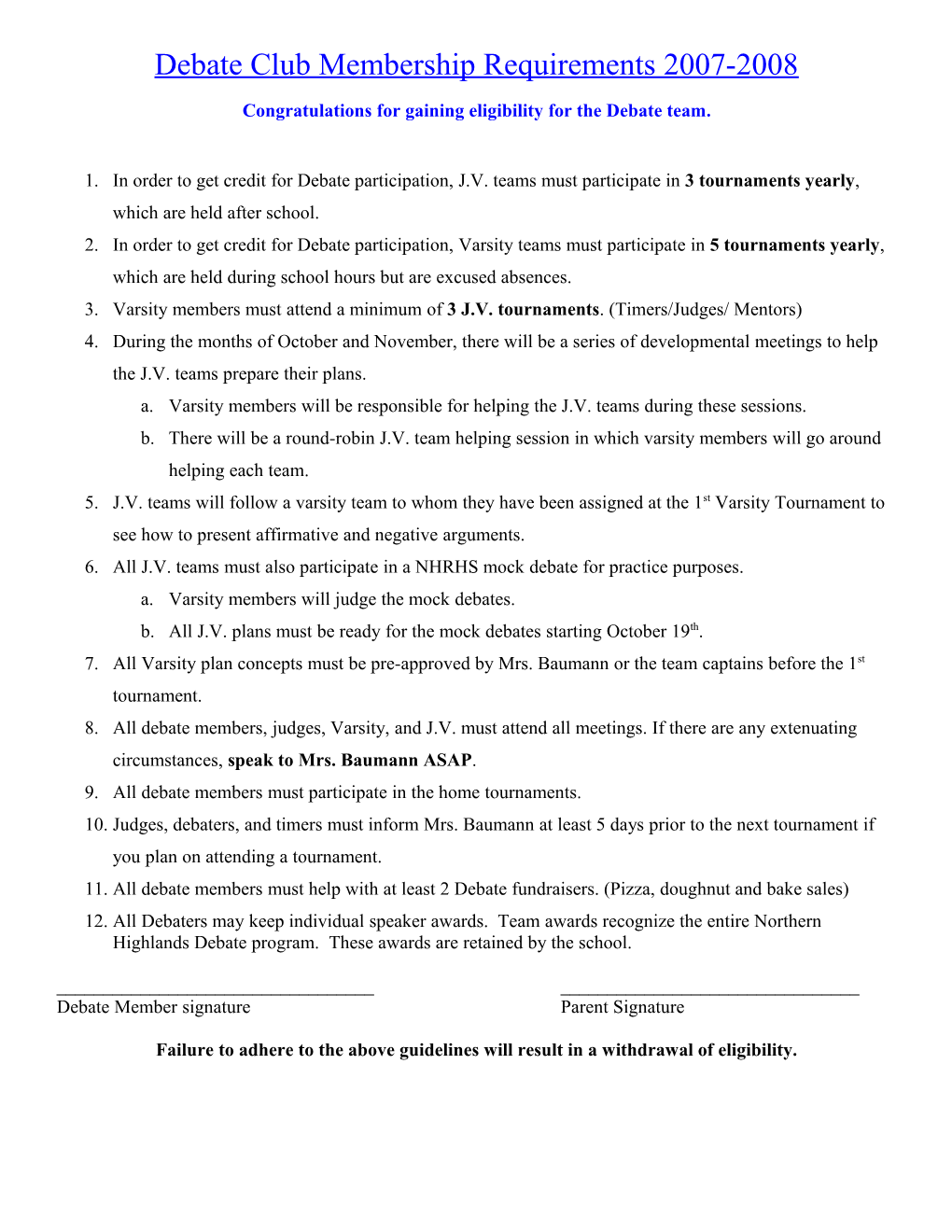 Debate Club Membership Requirements 2001-2002