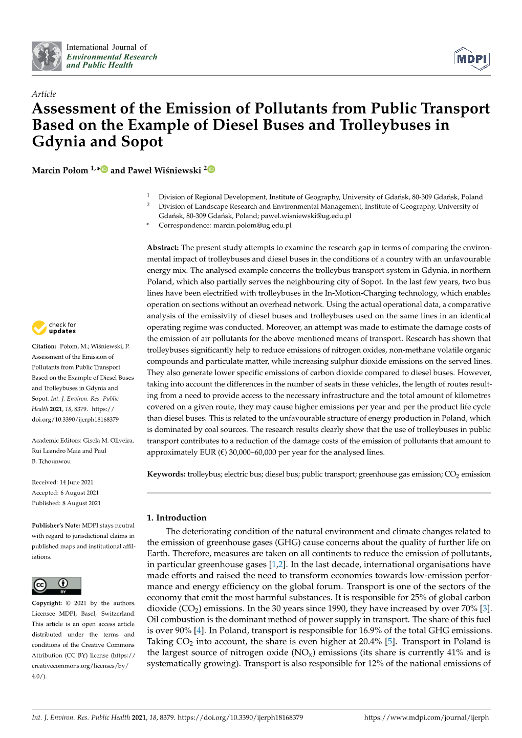 Assessment of the Emission of Pollutants from Public Transport Based on the Example of Diesel Buses and Trolleybuses in Gdynia and Sopot