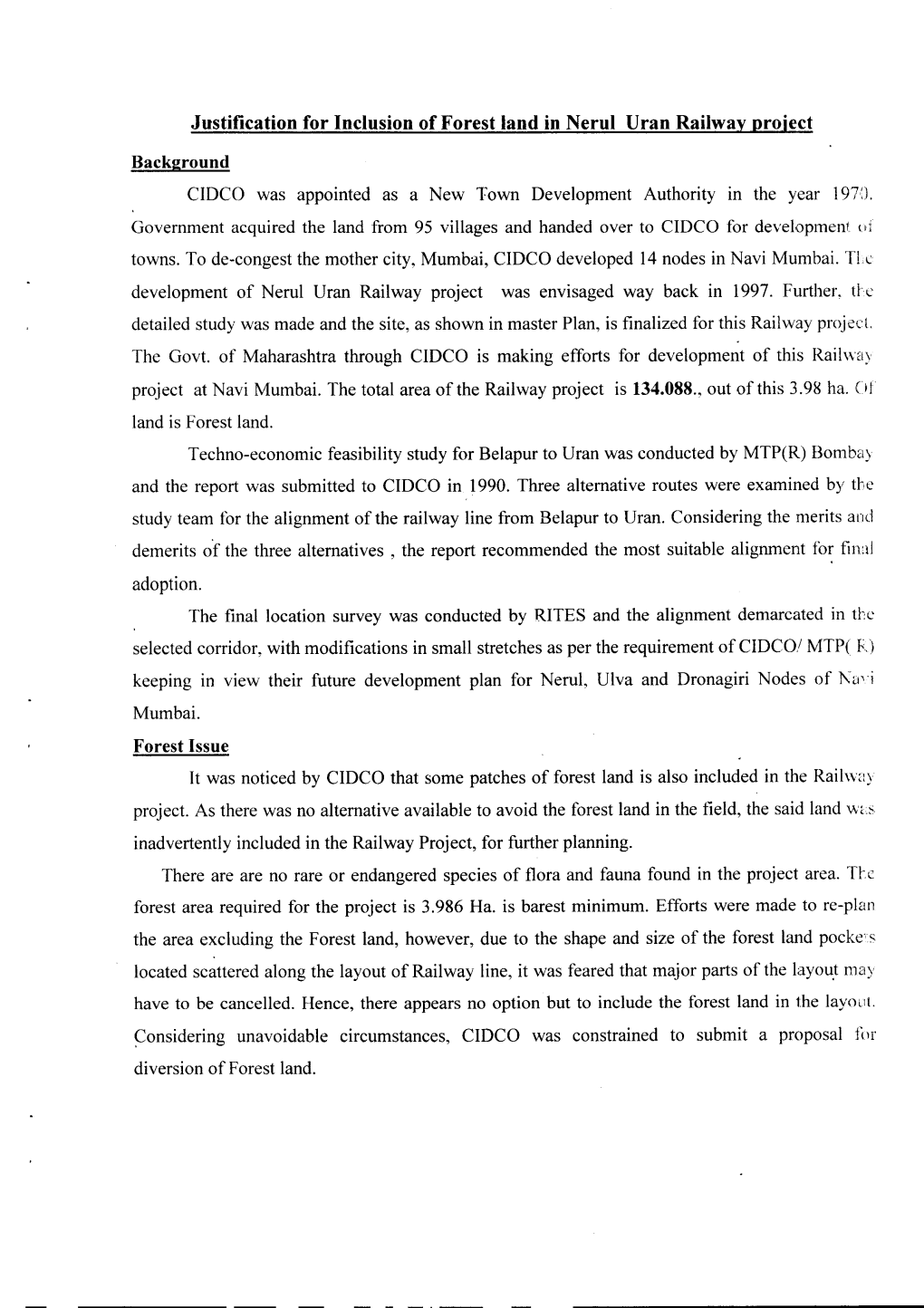 Justification for Inclusion of Forest Land in Nerul Uran Railway Project