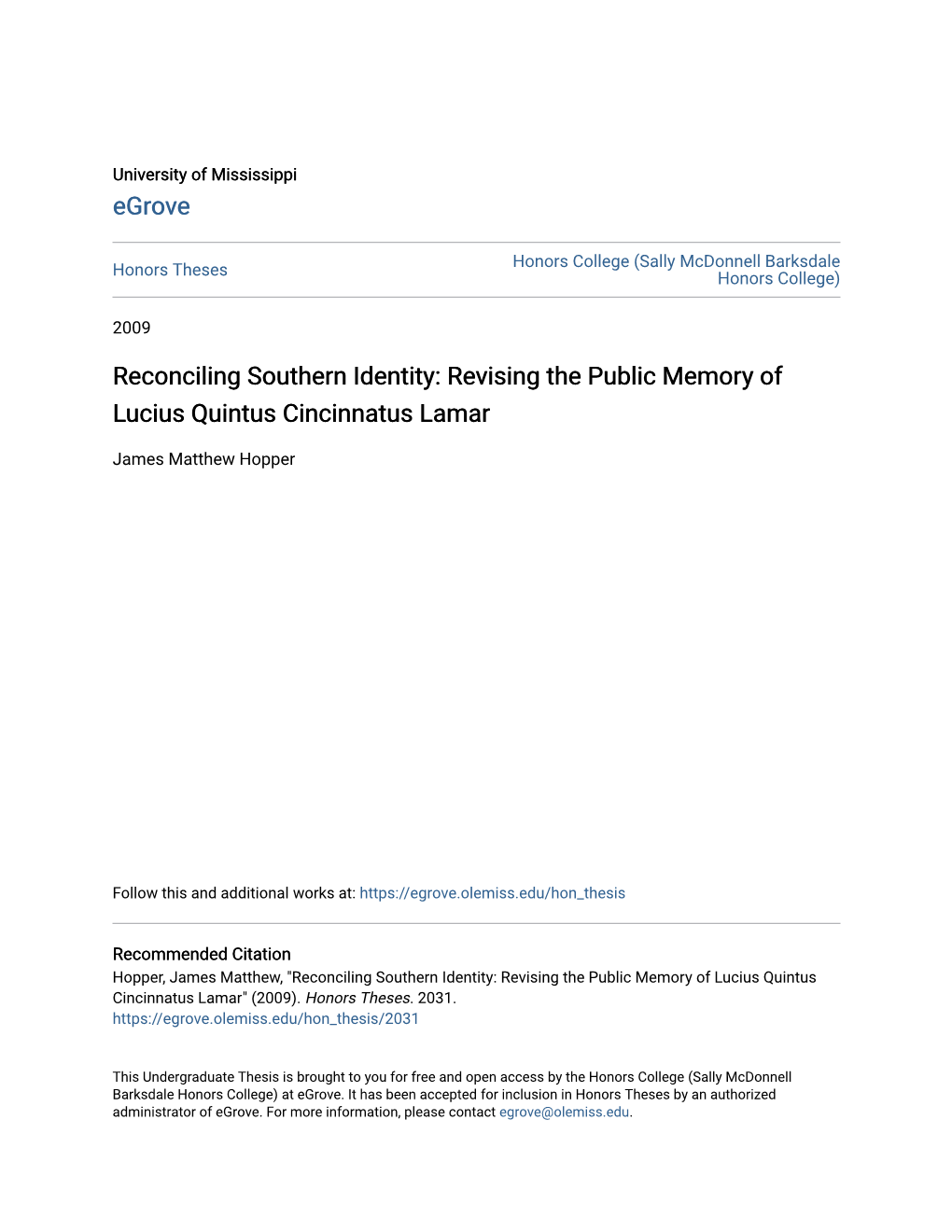 Reconciling Southern Identity: Revising the Public Memory of Lucius Quintus Cincinnatus Lamar