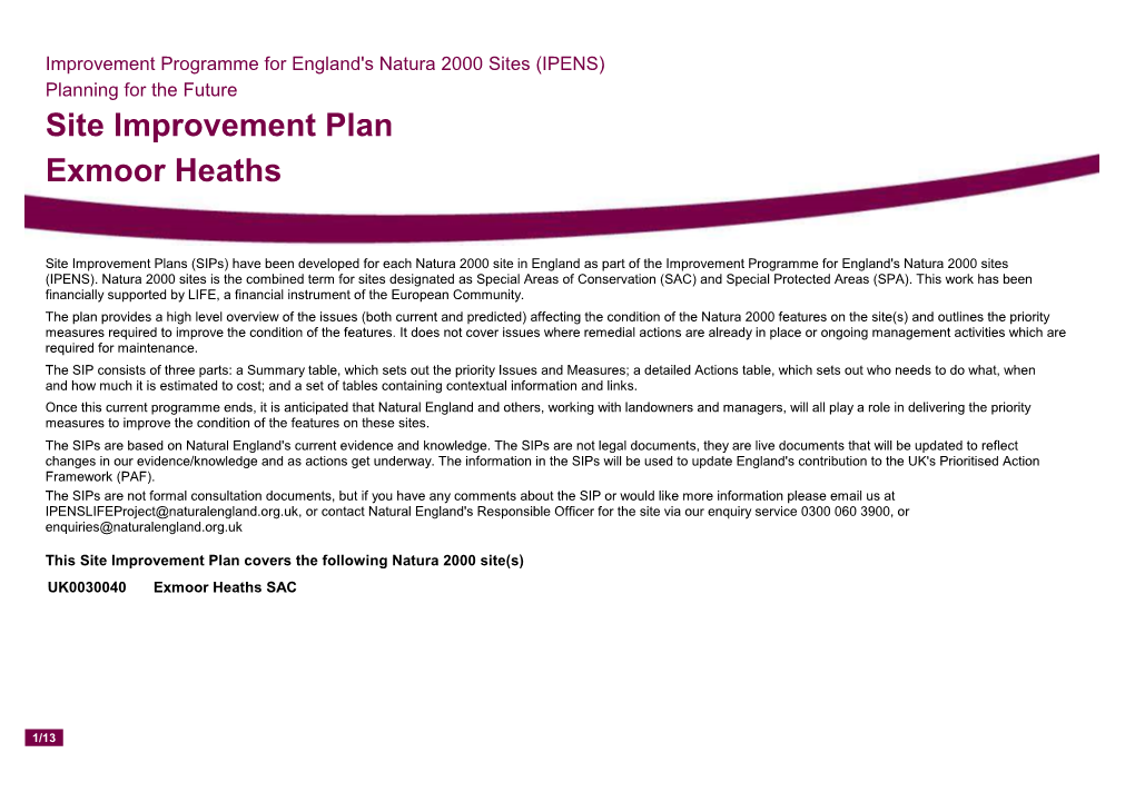 Site Improvement Plan Exmoor Heaths