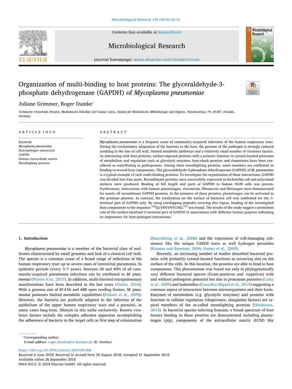 Organization of Multi-Binding to Host Proteins the Glyceraldehyde-3-Phosphate Dehydrogenase (GAPDH) of Mycoplasma Pneumoniae