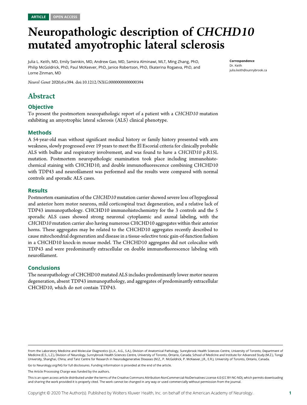 Neuropathologic Description of CHCHD10 Mutated Amyotrophic Lateral Sclerosis