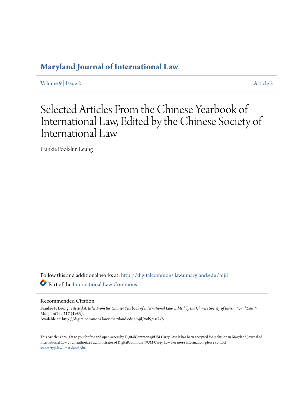 Selected Articles from the Chinese Yearbook of International Law, Edited by the Chinese Society of International Law Frankie Fook-Lun Leung
