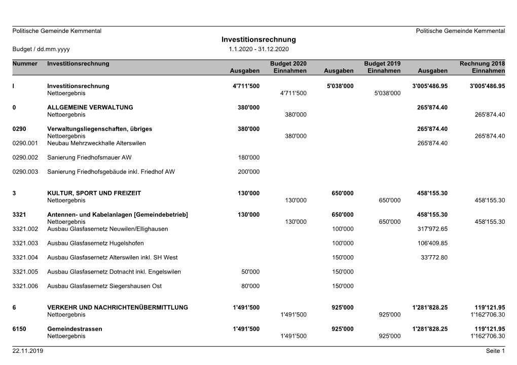Investitionsrechnung Budget / Dd.Mm.Yyyy 1.1.2020 - 31.12.2020