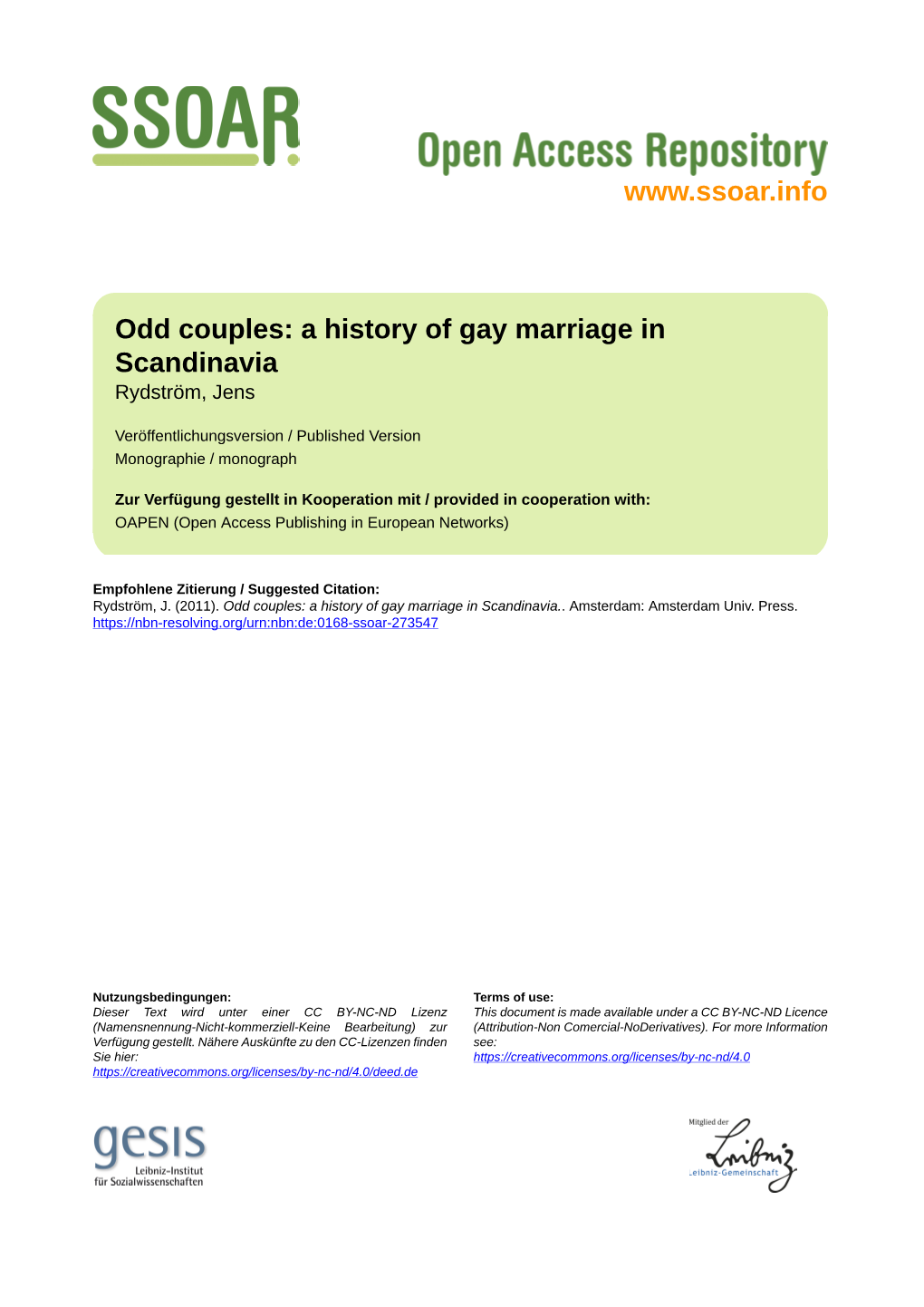 Odd Couples: a History of Gay Marriage in Scandinavia