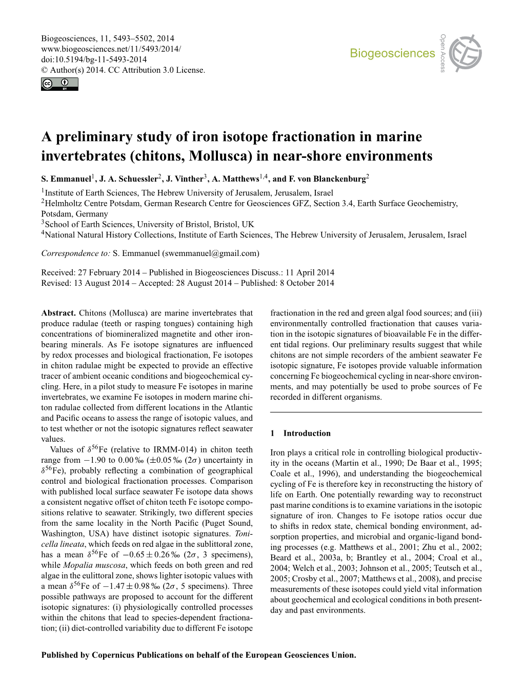 A Preliminary Study of Iron Isotope Fractionation in Marine Invertebrates (Chitons, Mollusca) in Near-Shore Environments