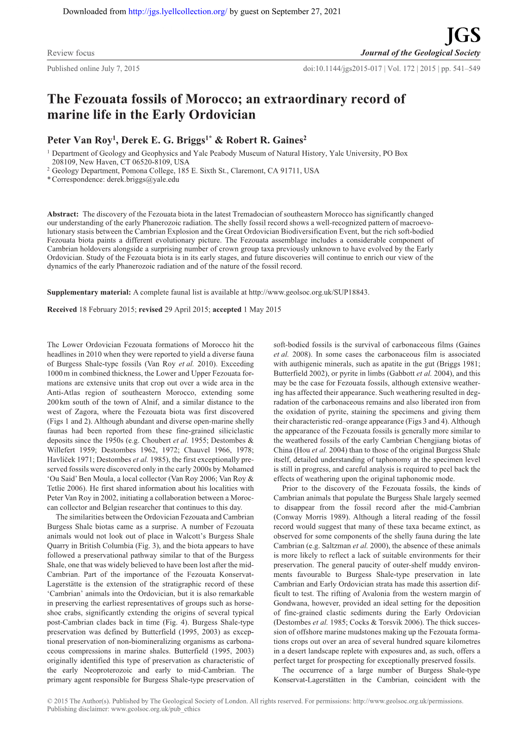 The Fezouata Fossils of Morocco; an Extraordinary Record of Marine Life in the Early Ordovicianpeter Van Roy, Derek E