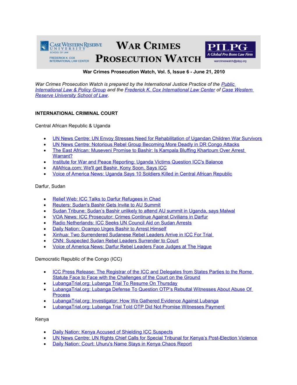 War Crimes Prosecution Watch, Vol. 5, Issue 6 - June 21, 2010