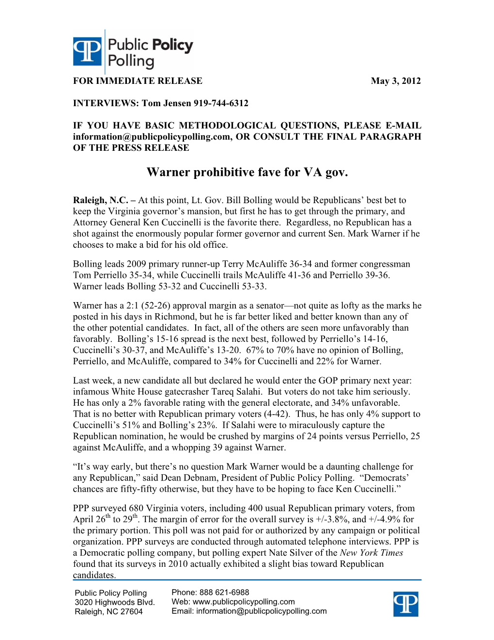 Warner Prohibitive Fave for VA Gov