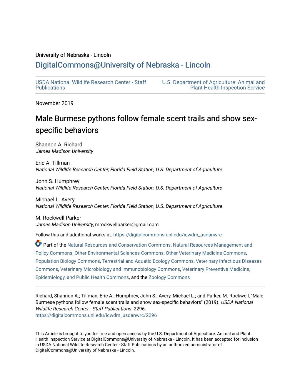 Male Burmese Pythons Follow Female Scent Trails and Show Sex-Specific Behaviors" (2019)