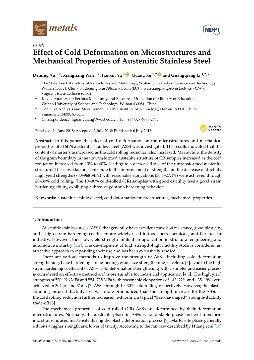 Effect of Cold Deformation on Microstructures and Mechanical Properties of Austenitic Stainless Steel