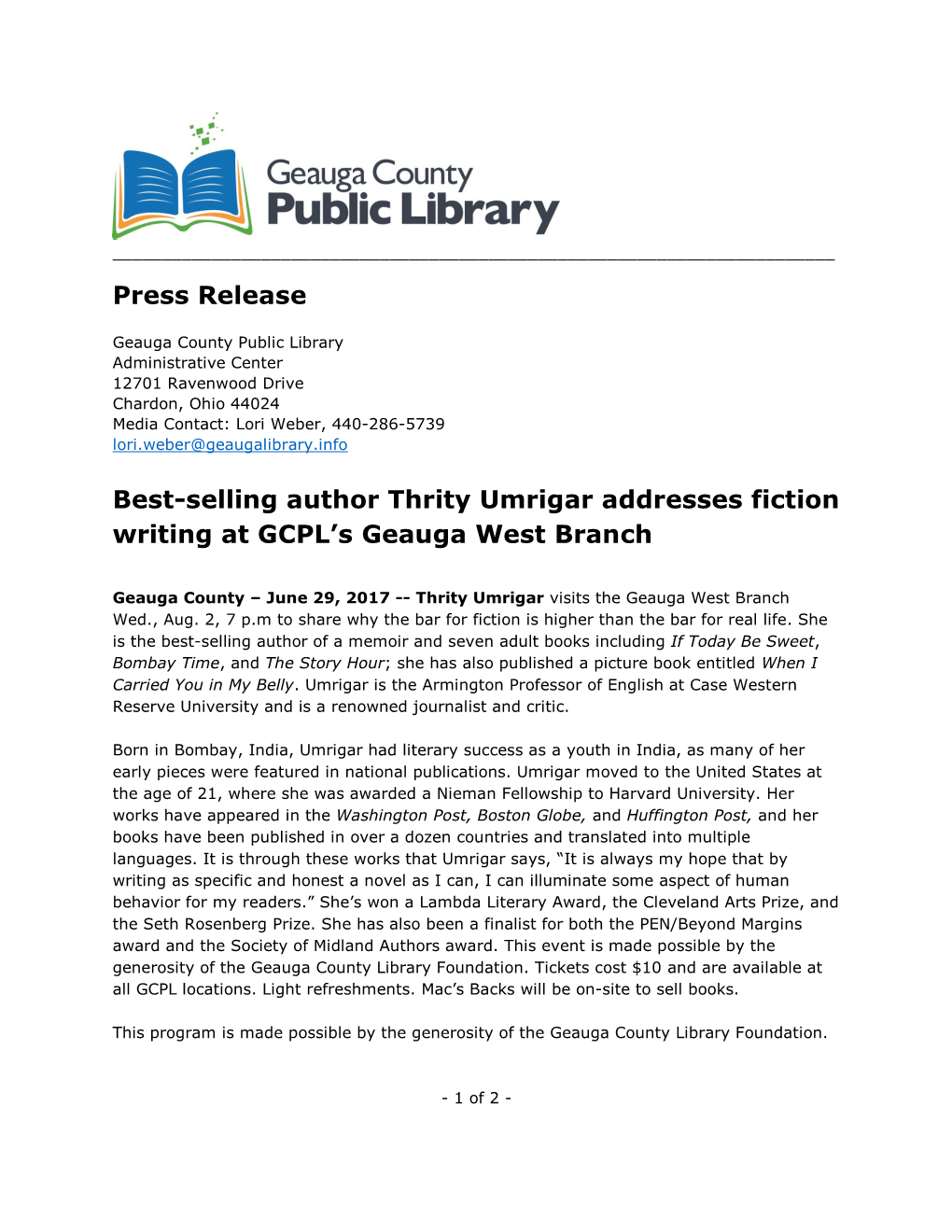 Press Release Best-Selling Author Thrity Umrigar Addresses Fiction