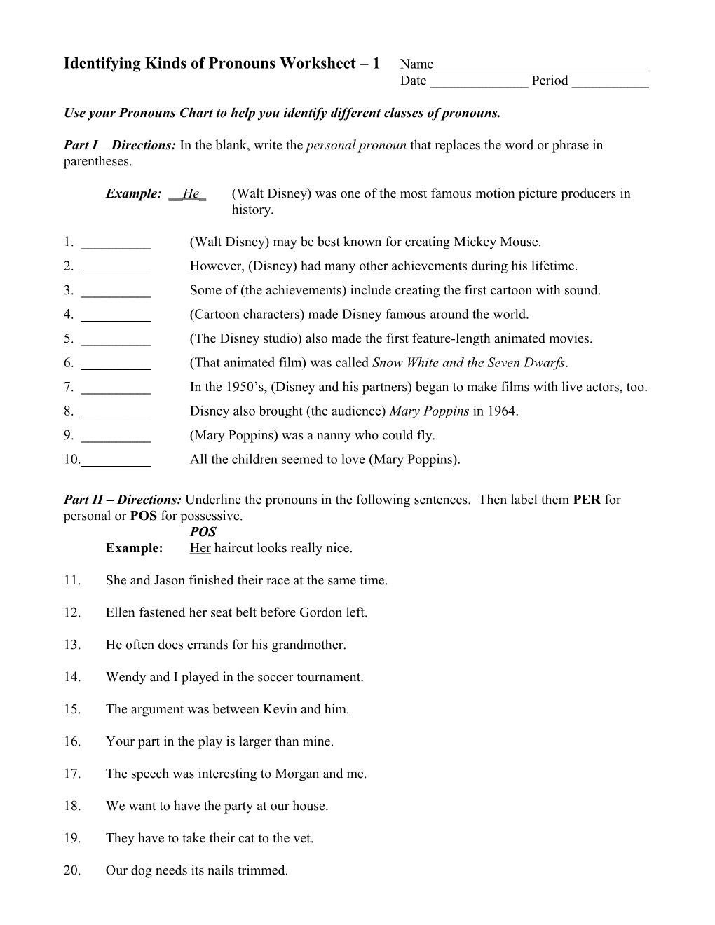 Identifying Kinds of Pronouns Worksheet 1