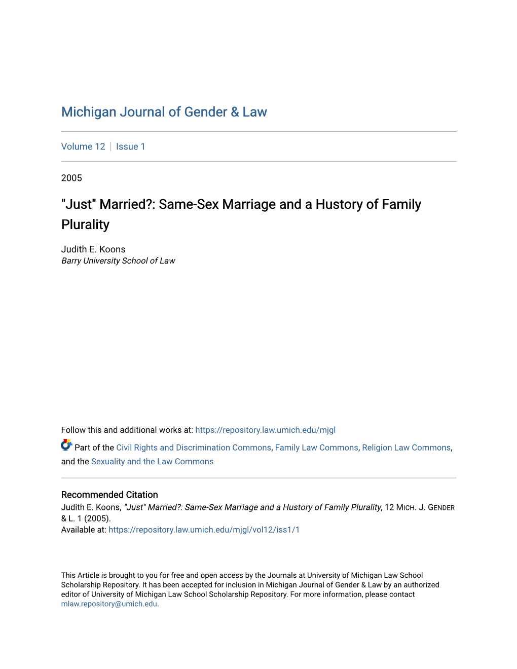 "Just" Married?: Same-Sex Marriage and a Hustory of Family Plurality