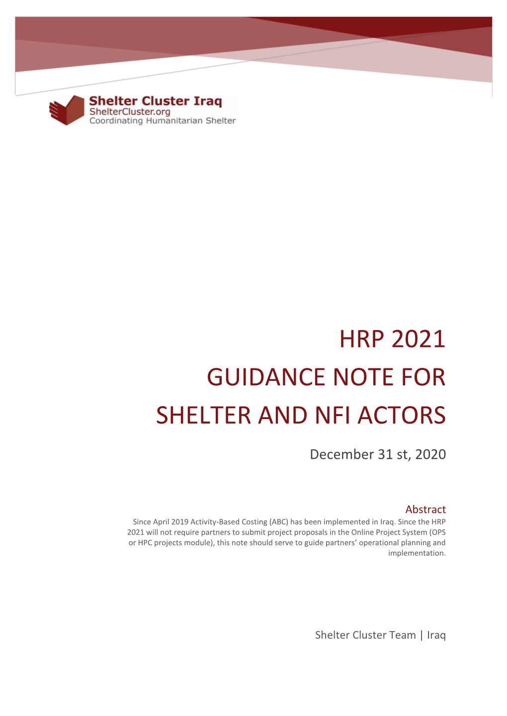 Hrp 2021 Guidance Note for Shelter and Nfi Actors