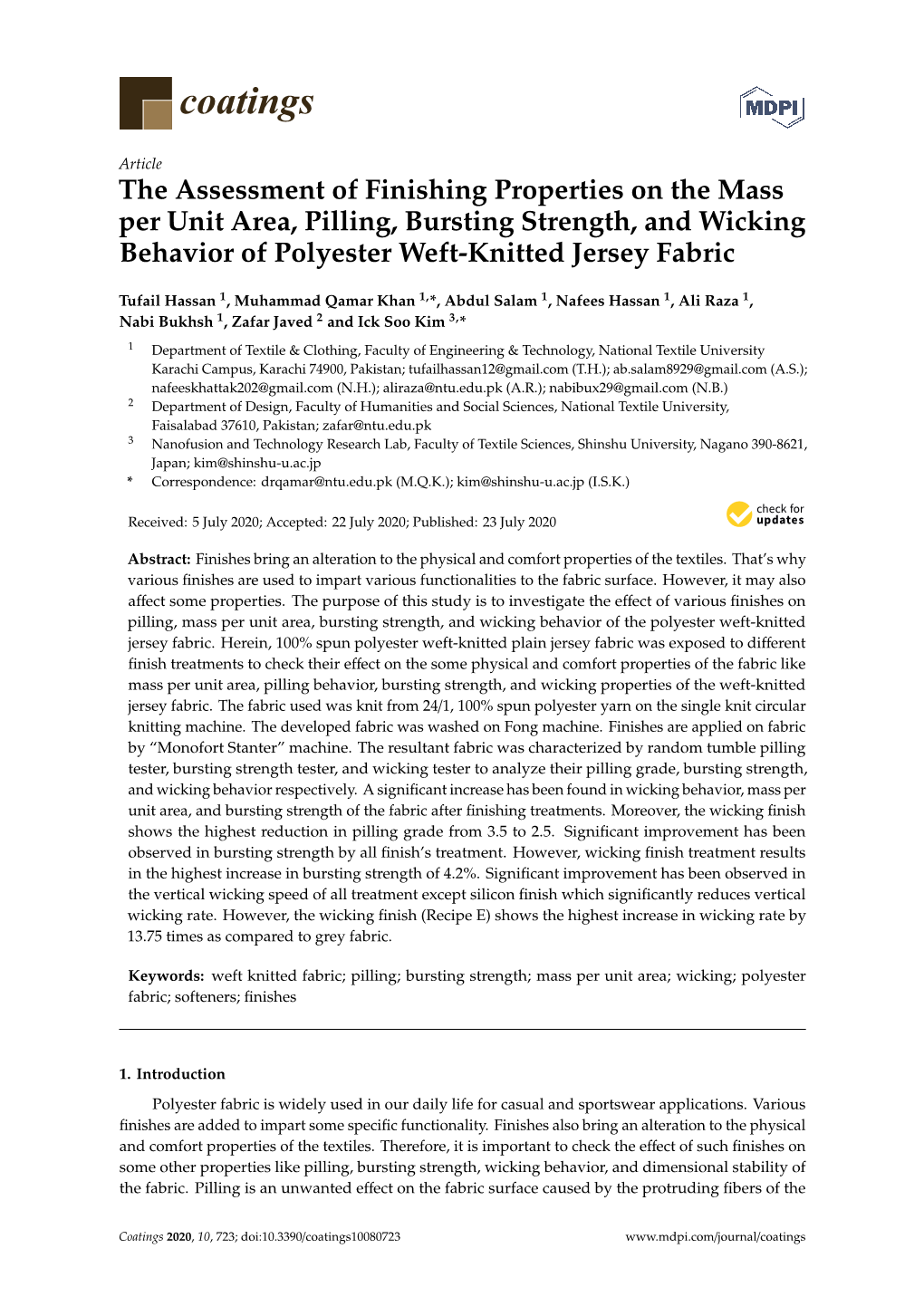 The Assessment of Finishing Properties on the Mass Per Unit Area, Pilling, Bursting Strength, and Wicking Behavior of Polyester Weft-Knitted Jersey Fabric