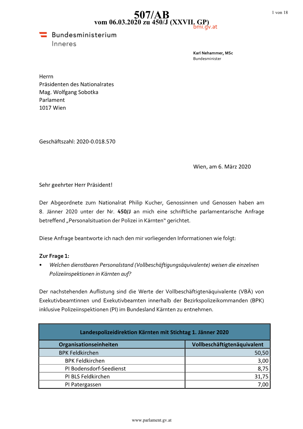 507/AB 1 Von 18 Vom 06.03.2020 Zu 450/J (XXVII