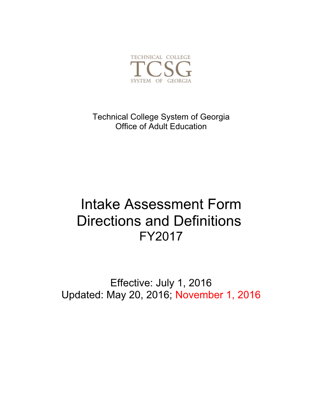 Intake Assessment Form Directions