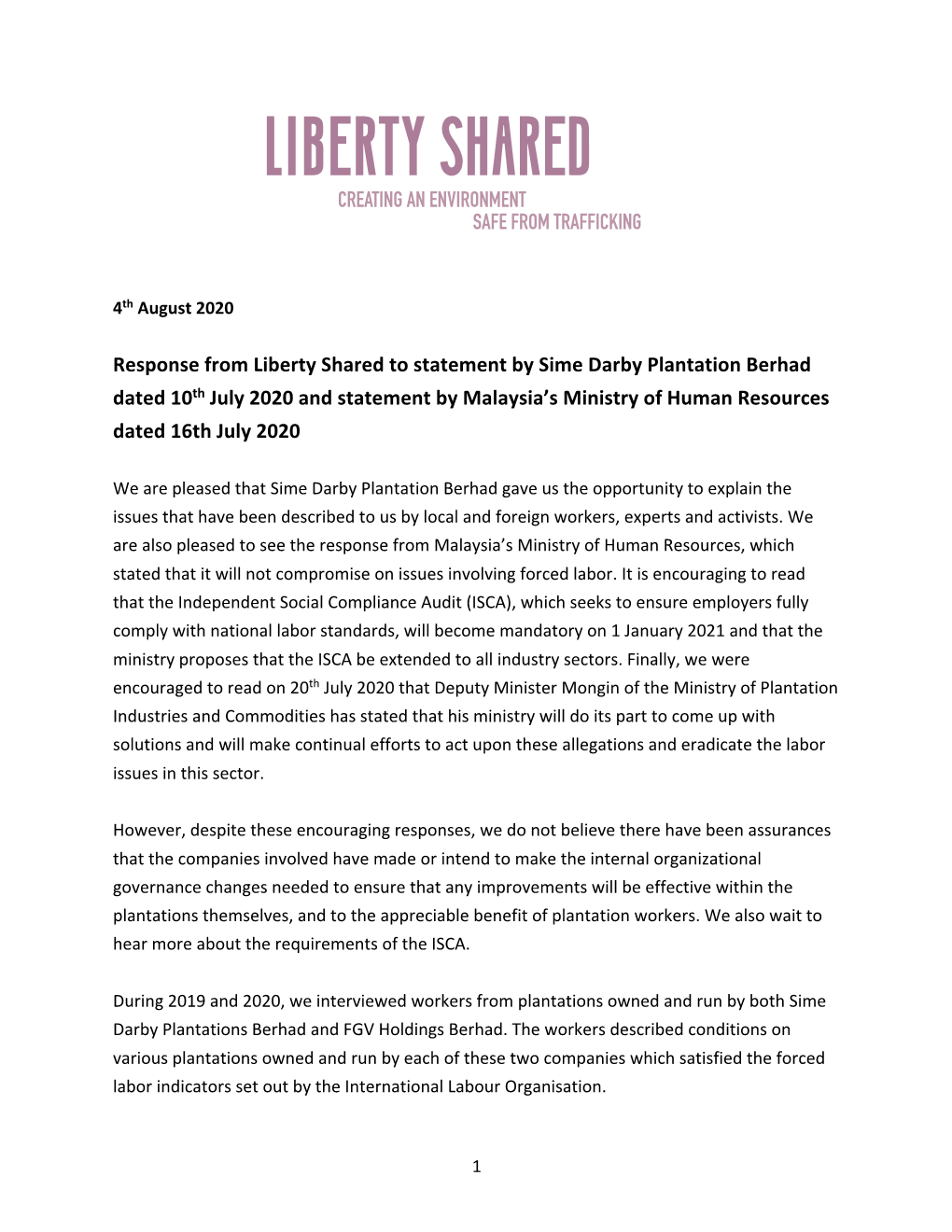 Response to Statement by Sime Darby Plantation Berhad Statement