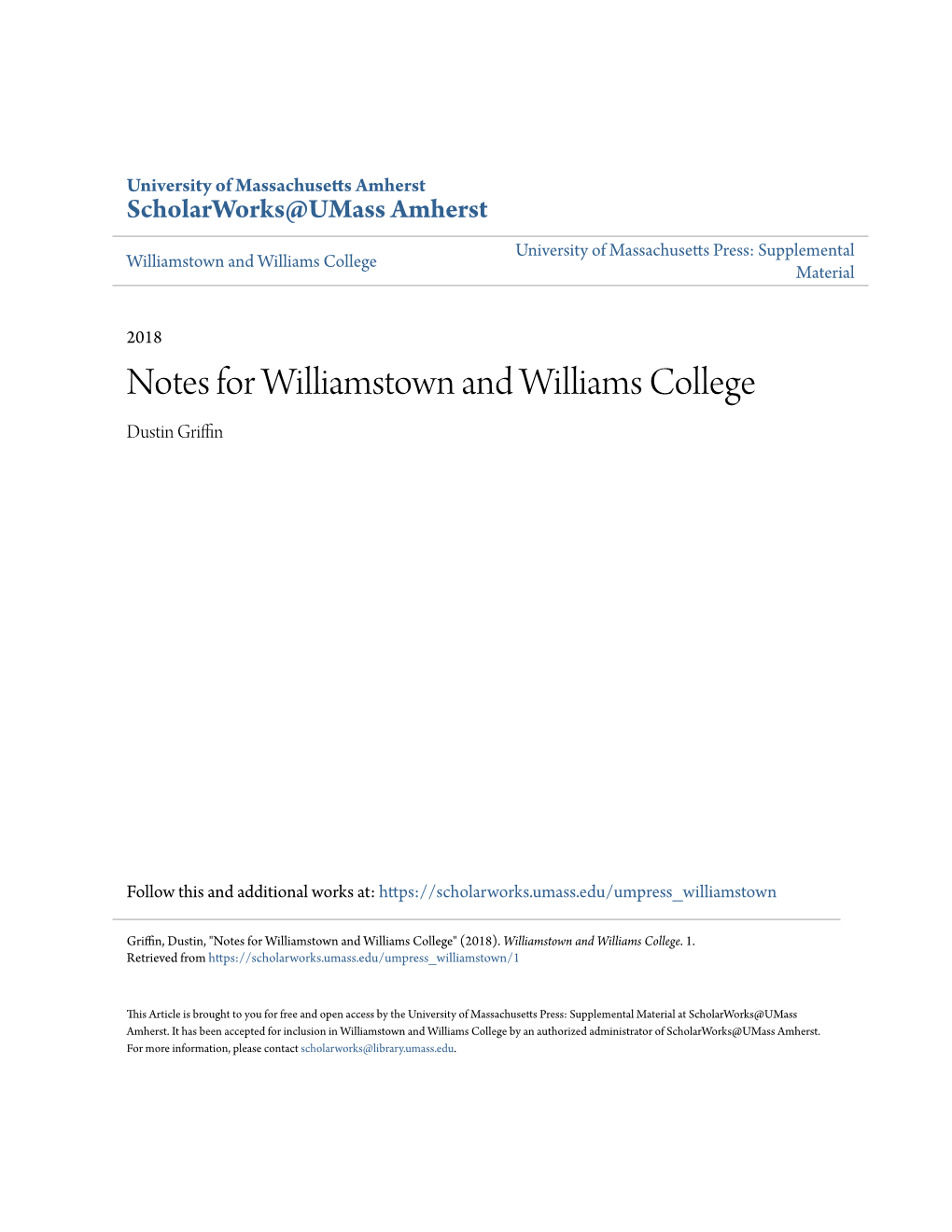 Notes for Williamstown and Williams College Dustin Griffin