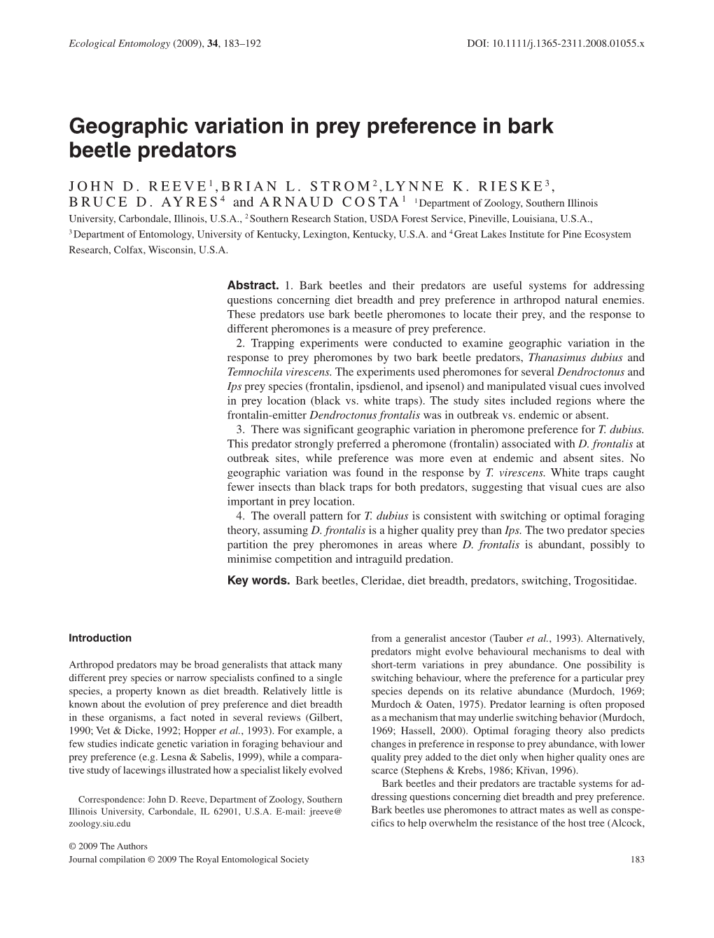 Geographic Variation in Prey Preference in Bark Beetle Predators