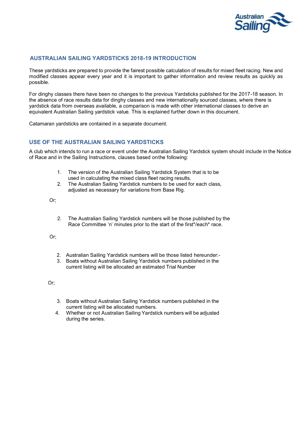 Australian Sailing Yardsticks 2018-19 Introduction Use of the Australian Sailing Yardsticks