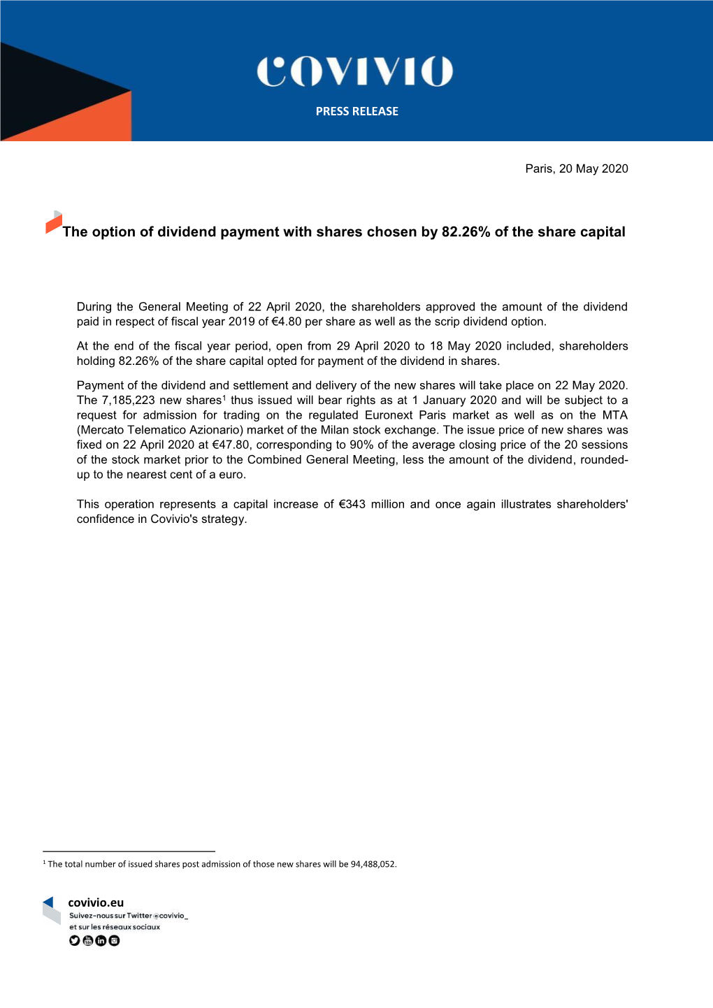 The Option of Dividend Payment with Shares Chosen by 82.26% of the Share Capital