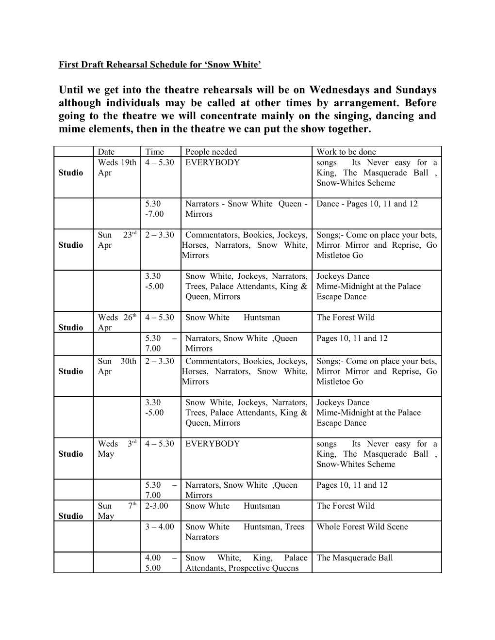 First Draft Rehearsal Schedule for Snow White