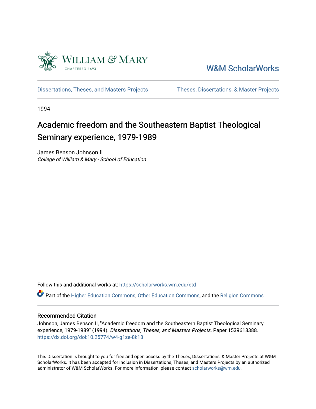 Academic Freedom and the Southeastern Baptist Theological Seminary Experience, 1979-1989