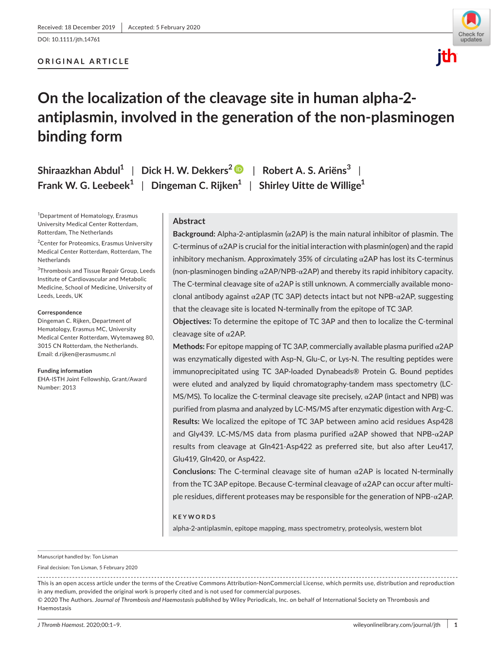 On the Localization of the Cleavage Site in Human Alpha‐2‐Antiplasmin