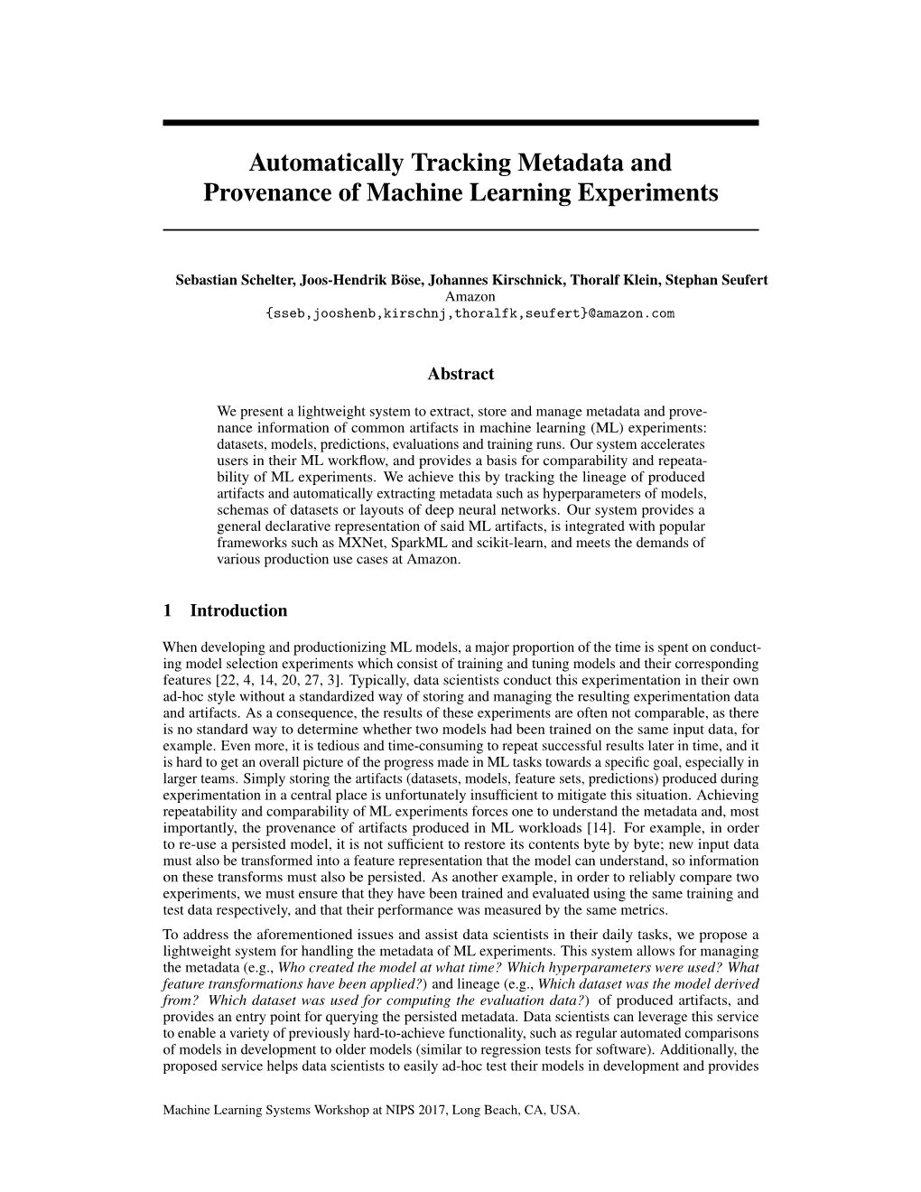 Automatically Tracking Metadata and Provenance of Machine Learning Experiments