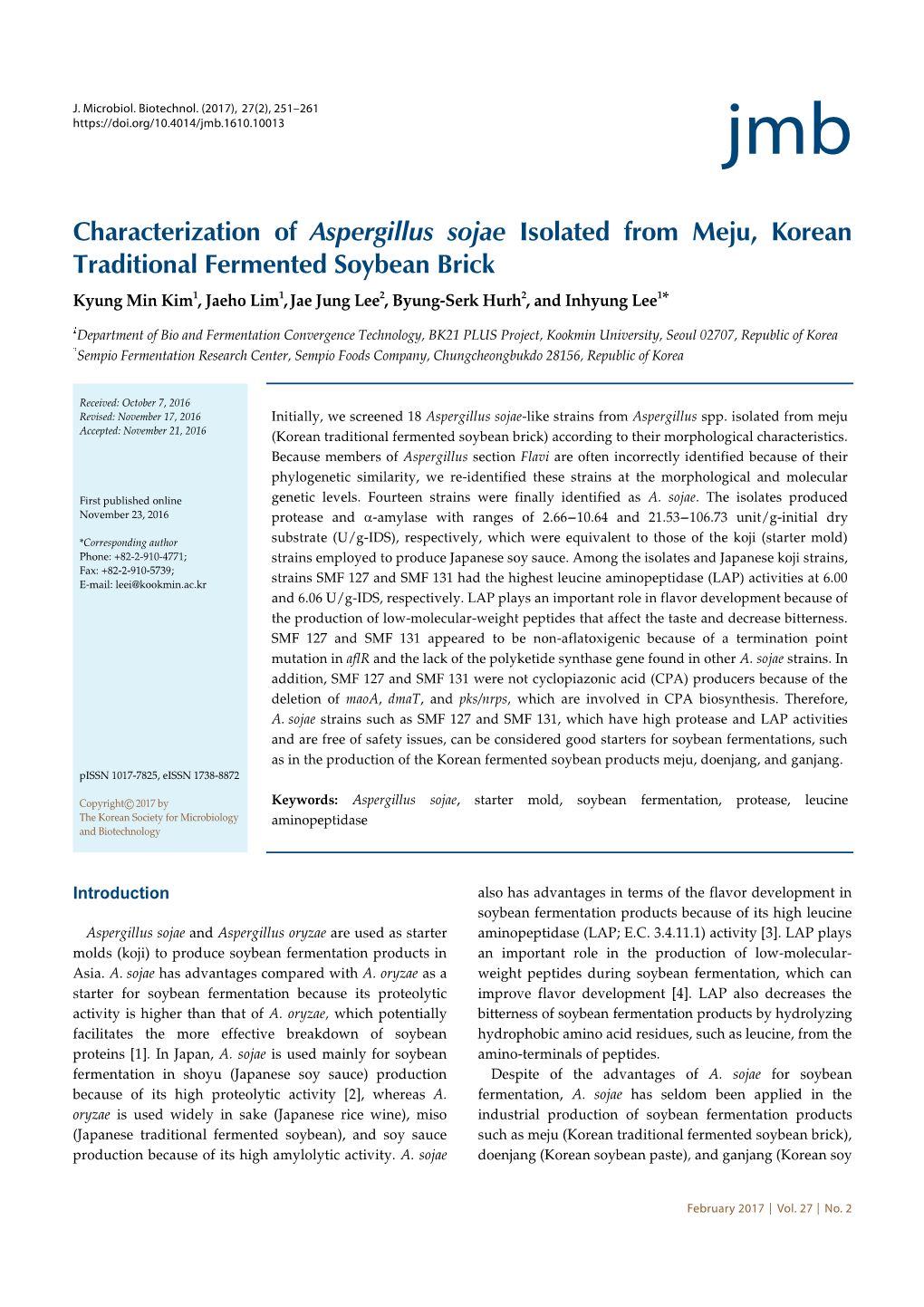 Characterization of Aspergillus Sojae Isolated from Meju, Korean