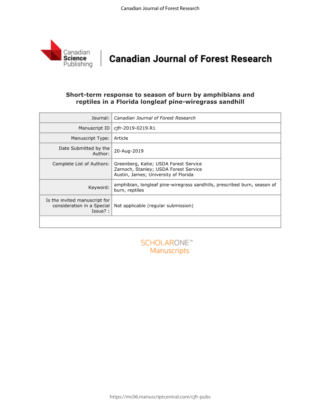 Short-Term Response to Season of Burn by Amphibians and Reptiles in a Florida Longleaf Pine-Wiregrass Sandhill