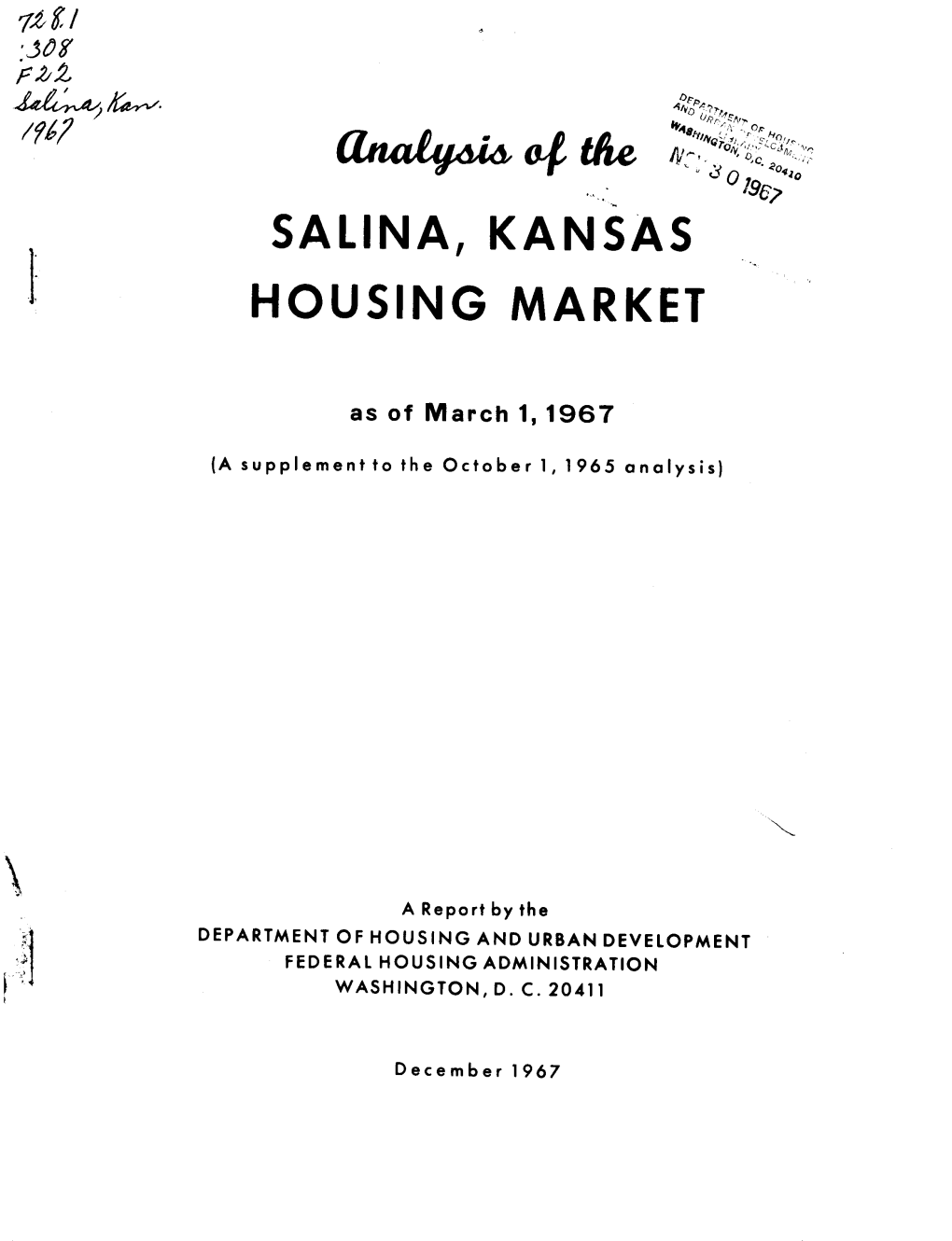 Analysis of the Salina Kansas Housing Market As of March 1 1967