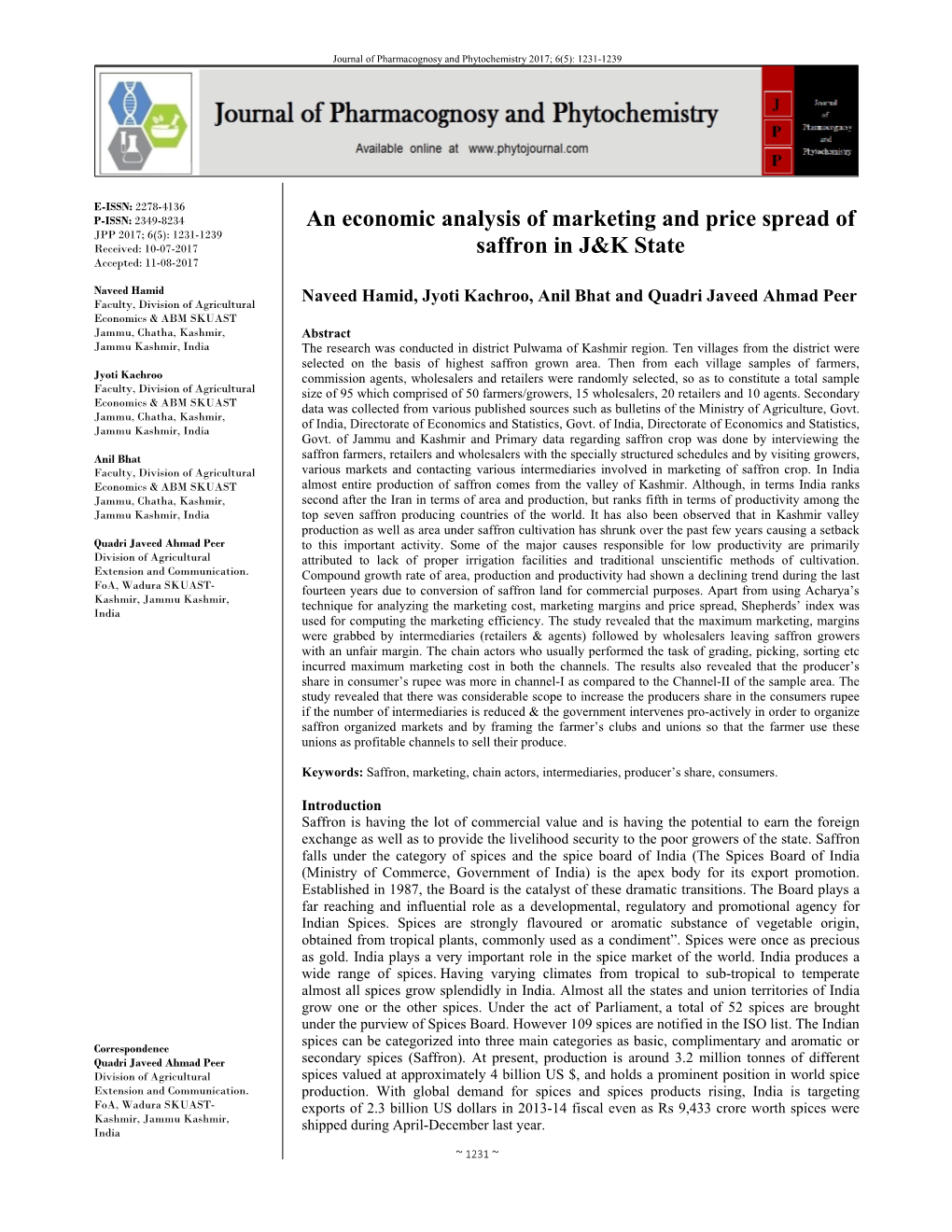 An Economic Analysis of Marketing and Price Spread of Saffron in J&K