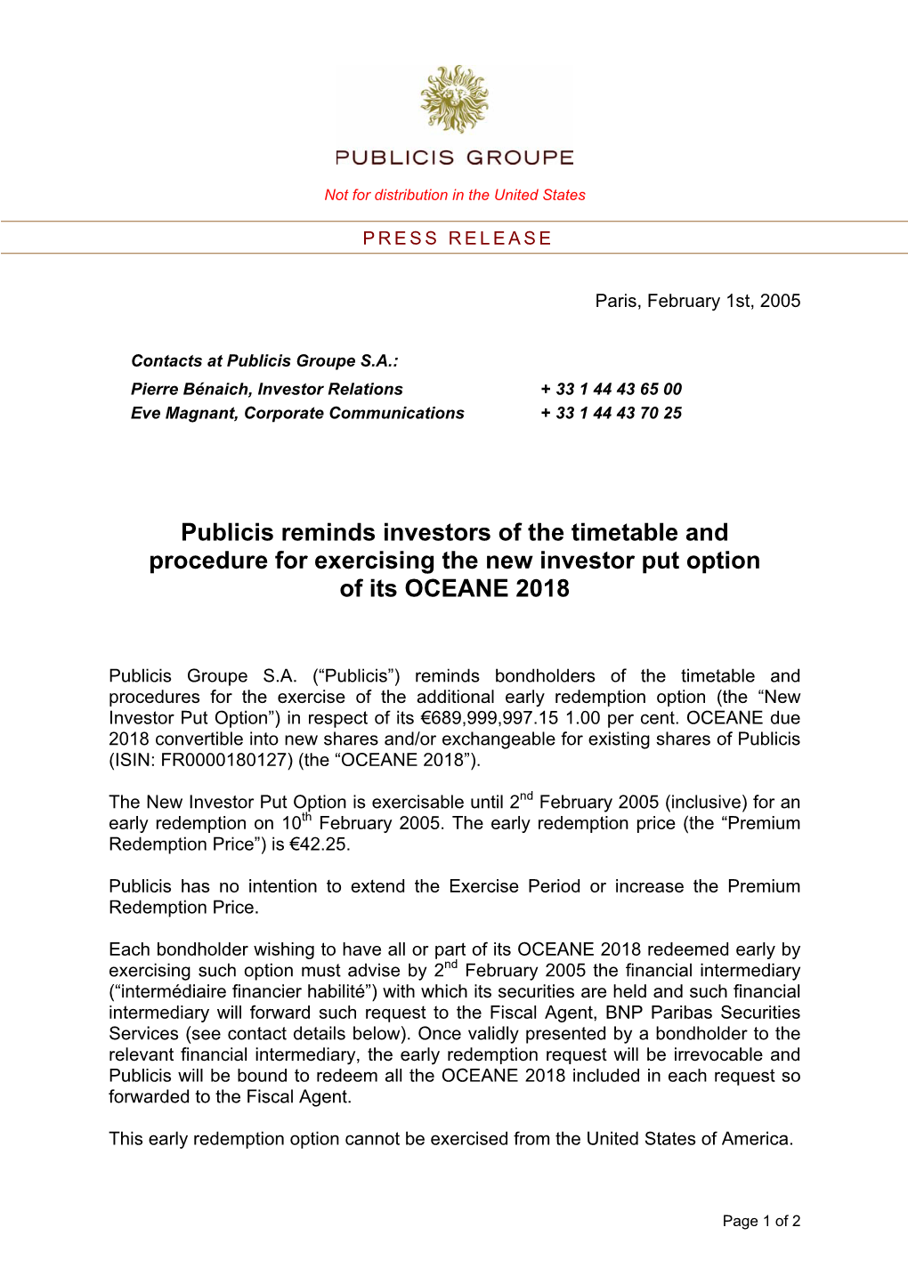 Publicis Reminds Investors of the Timetable and Procedure for Exercising the New Investor Put Option of Its OCEANE 2018