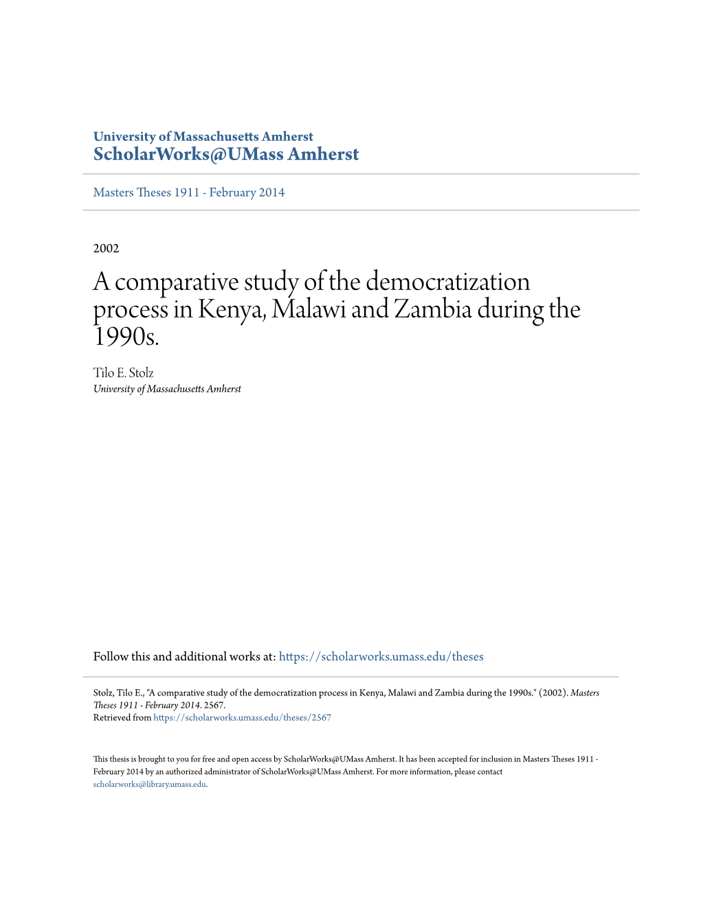 A Comparative Study of the Democratization Process in Kenya, Malawi and Zambia During the 1990S