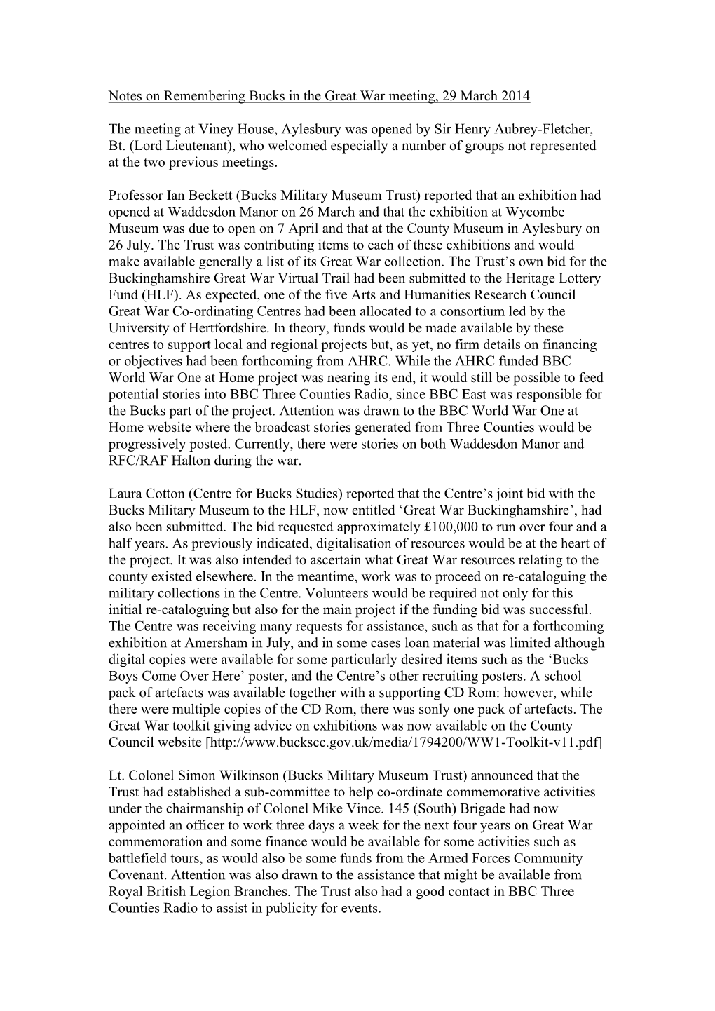 Notes on Remembering Bucks in the Great War Meeting, 29 March 2014